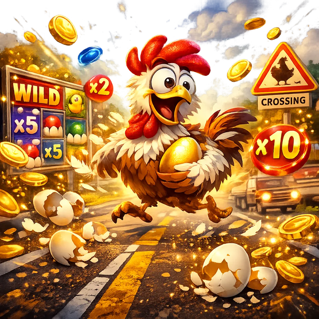 Funny chicken crossing roads with floating coins and colorful slot energy