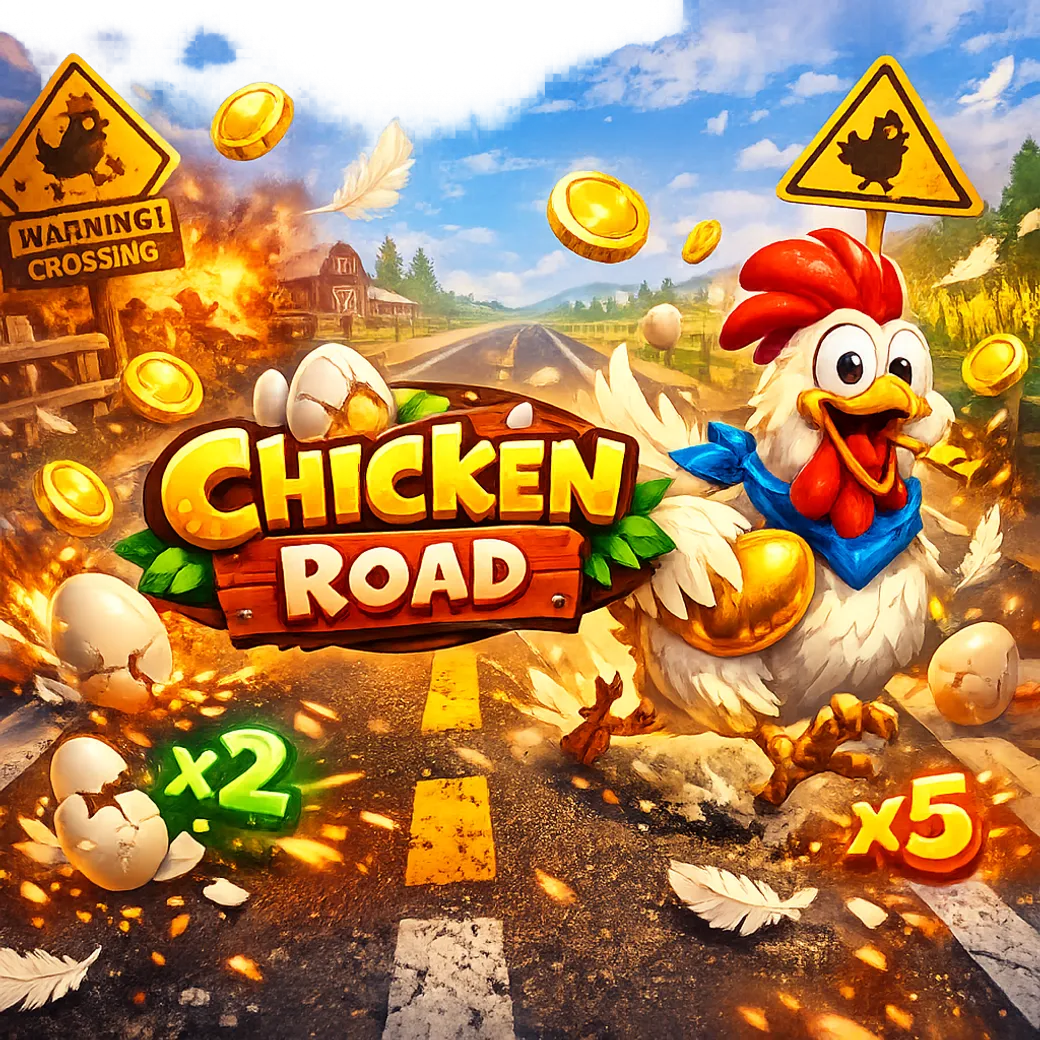 Dynamic promo image for Chicken Road slot with funny chicken, road lanes, and playful elements